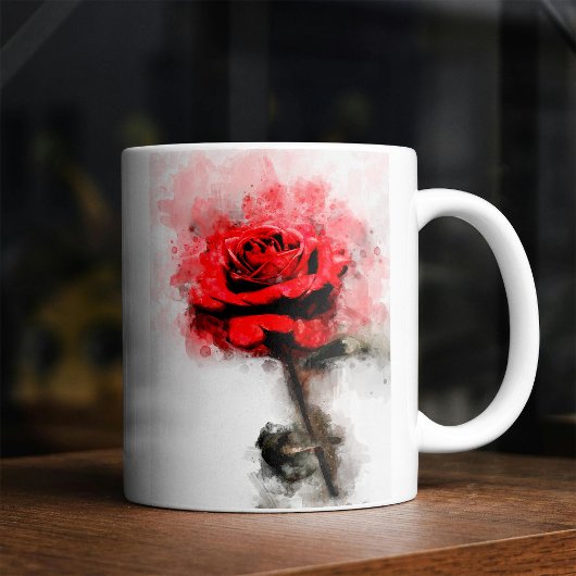 白い背景に描かれたレッドローズの水彩画 コーヒーマグカップ