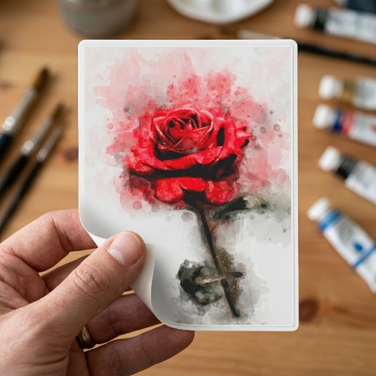 白い背景に描かれたレッドローズの水彩画 シール