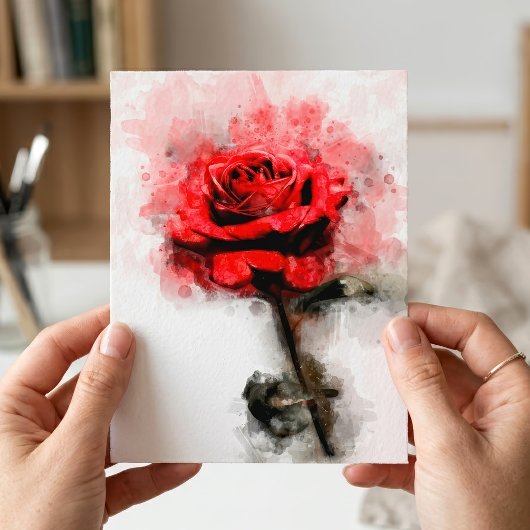 白い背景に描かれたレッドローズの水彩画 ポストカード
