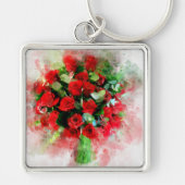 白い背景に描かれた水彩画の赤いバラの花束 キーホルダー (正面)