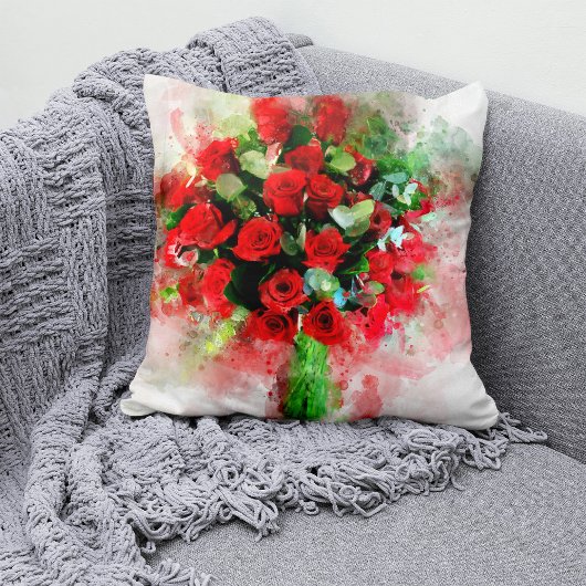 白い背景に描かれた水彩画の赤いバラの花束 クッション
