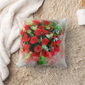 白い背景に描かれた水彩画の赤いバラの花束 クッション (ブランケット)