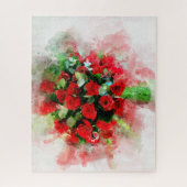 白い背景に描かれた水彩画の赤いバラの花束 ジグソーパズル (縦)
