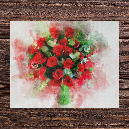 白い背景に描かれた水彩画の赤いバラの花束 ジグソーパズル