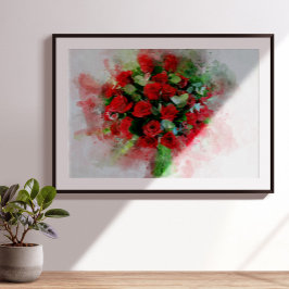 白い背景に描かれた水彩画の赤いバラの花束 フォトプリント
