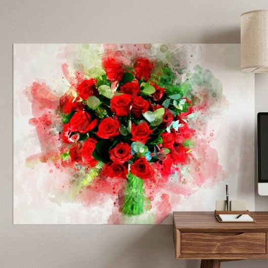 白い背景に描かれた水彩画の赤いバラの花束 ポスター