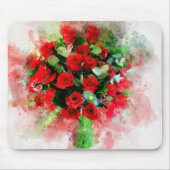 白い背景に描かれた水彩画の赤いバラの花束 マウスパッド (正面)