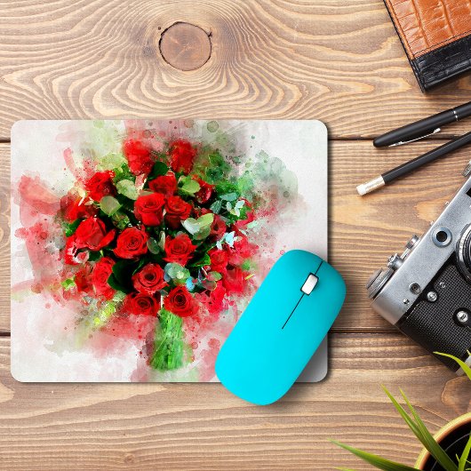 白い背景に描かれた水彩画の赤いバラの花束 マウスパッド