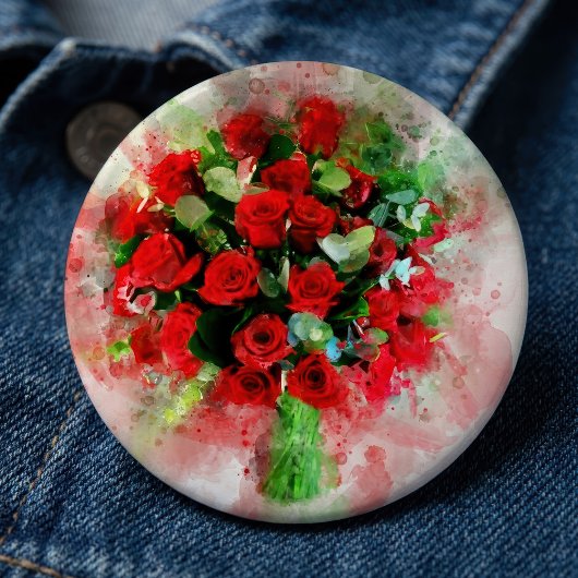 白い背景に描かれた水彩画の赤いバラの花束 缶バッジ