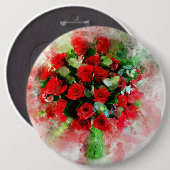 白い背景に描かれた水彩画の赤いバラの花束 缶バッジ (正面&裏面)