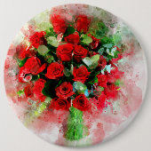 白い背景に描かれた水彩画の赤いバラの花束 缶バッジ (正面)