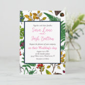 白い背景に森の実、葉、虫 招待状 (スタンド正面)