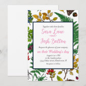 白い背景に森の実、葉、虫 招待状 (正面/裏面)