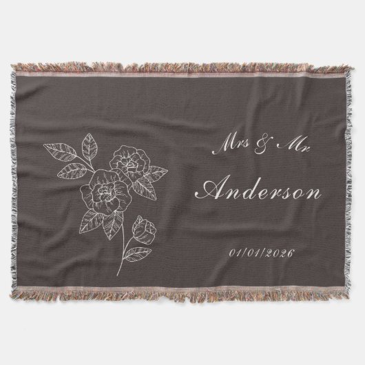 白い背景に濃い色で描かれたバラの絵と名前 スローブランケット (正面)