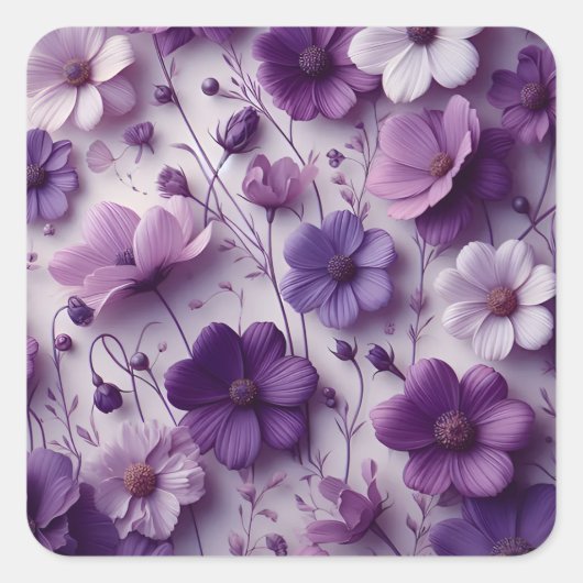 白い背景に紫の花模様 スクエアシール (正面)