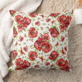 白い背景に緑の葉を持つ赤いケシ クッション (ブランケット)