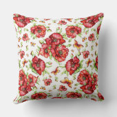 白い背景に緑の葉を持つ赤いケシ クッション (裏面)