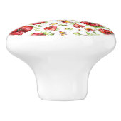 白い背景に緑の葉を持つ赤いケシ セラミックノブ (側面)