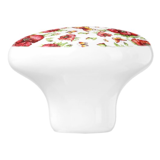 白い背景に緑の葉を持つ赤いケシ セラミックノブ (側面)