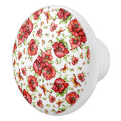 白い背景に緑の葉を持つ赤いケシ セラミックノブ (右)