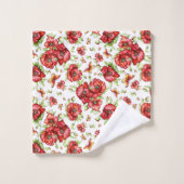 白い背景に緑の葉を持つ赤いケシ バスタオルセット (ウォッシュタオル)