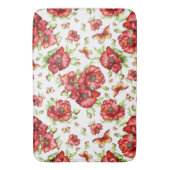 白い背景に緑の葉を持つ赤いケシ バスマット (正面縦)