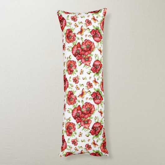 白い背景に緑の葉を持つ赤いケシ ボディピロー (裏面 (縦))