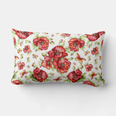 白い背景に緑の葉を持つ赤いケシ ランバークッション (裏面)