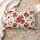 白い背景に緑の葉を持つ赤いケシ ランバークッション (ブランケット)