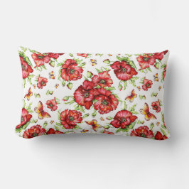 白い背景に緑の葉を持つ赤いケシ ランバークッション