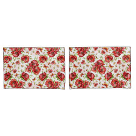 白い背景に緑の葉を持つ赤いケシ 枕カバー