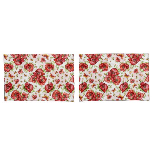 白い背景に緑の葉を持つ赤いケシ 枕カバー (フロントセット)