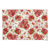 白い背景に緑の葉を持つ赤いケシ 枕カバー (正面左)