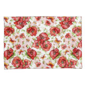 白い背景に緑の葉を持つ赤いケシ 枕カバー (正面右)