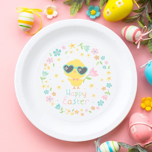 白い背景に花が咲く可愛いイースターシック ペーパープレート