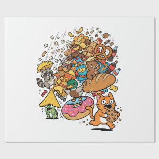 白い背景に落ちるお菓子を持つキャラクター動物たち ラッピングペーパー