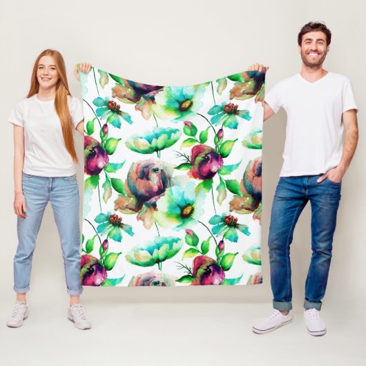 白い背景に赤いバラ フリースブランケット (インサイチュ)