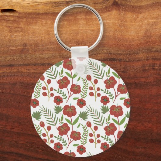 白い背景に赤いフローラのシームレスなパターン キーホルダー (正面)