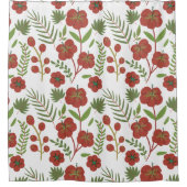 白い背景に赤いフローラのシームレスなパターン シャワーカーテン (正面)