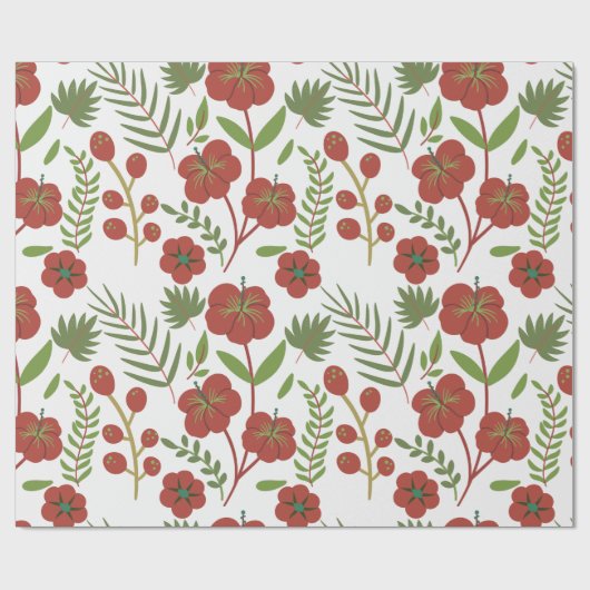 白い背景に赤いフローラのシームレスなパターン ラッピングペーパー (フラット)