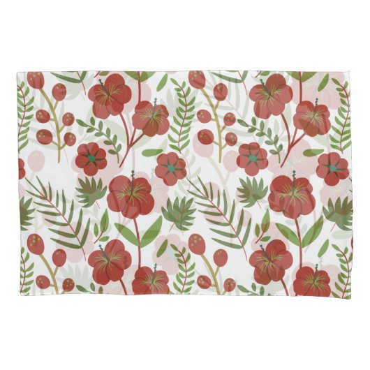 白い背景に赤いフローラのシームレスなパターン 枕カバー (正面左)