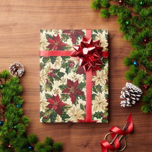 白い背景に赤いポインセチアの花 ラッピングペーパー (クリスマスギフト)