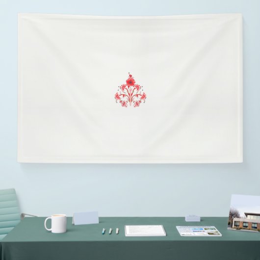 白い背景に赤い花をデザインしたもの 横断幕 (トレードショー)