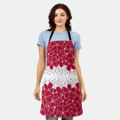 白い背景に赤い花デイジー エプロン (着用した状態)
