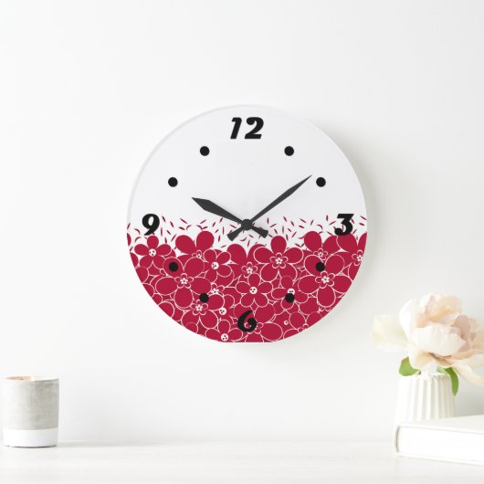白い背景に赤い花デイジー ラージ壁時計 (ホーム)