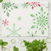 白い背景に赤と緑の雪片 キッチンタオル (折り畳み)