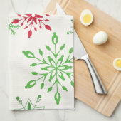 白い背景に赤と緑の雪片 キッチンタオル (四つ折り)