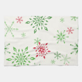 白い背景に赤と緑の雪片 キッチンタオル (横)