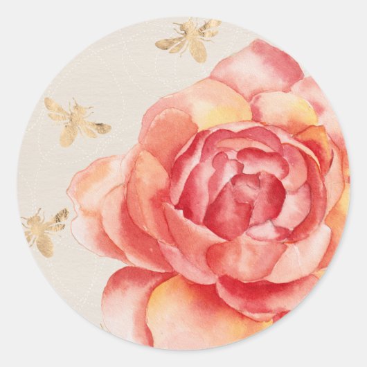 白い背景に金色の蜂と手描きのバラ ラウンドシール (正面)