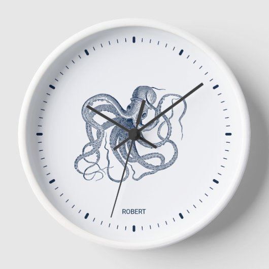 白い背景に青いタコ 壁時計 (正面)